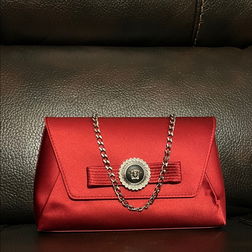 Versace silk ribbon bow Crystal La Medusa logo monogram clutch crossbody bag NEW